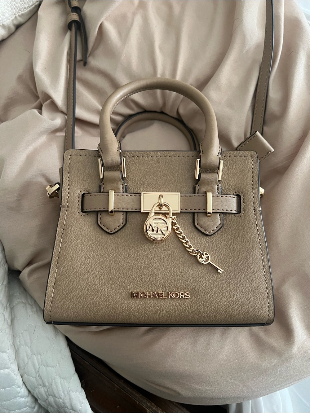Michael Kors Taupe Hamilton Leather Satchel with Gold Hardware